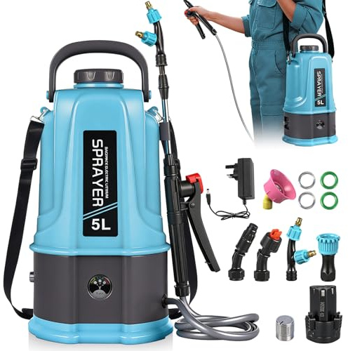 Sararoom Drucksprühgerät 5L, Gartenspritze & Drucksprüher - 21V Akku Pumpsprühflasche | 3.Gang Elektrischer Pflanzensprüher mit 5 Düsen, Rückenspritze Sprühflasche für Garten & Auto, Unkrautspritze