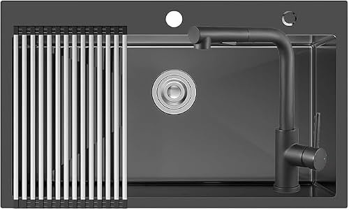 CECIPA 75x45 cm Fregadero Negro de Acero con Grifo de Cocina Extraíble en Forma de L, Lavabo de Cocina 1 Cuenco Negro de Acero Inoxidable para Mueble de 80 cm, con Sifón y Desagüe
