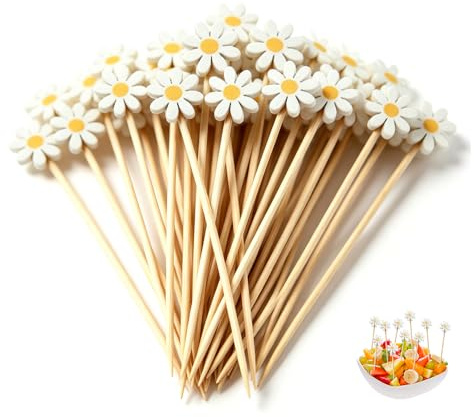 HMCEY 100 Stück Cocktailspieße Blumen 12 cm,Partyspieße Fingerfood Bambus, Cocktail Sticks,Obstspiesse für Snacks,Käsespieße Deko Kuchen,Schaschlikspieße Burger für Geburtstag, Hochzeit, Party