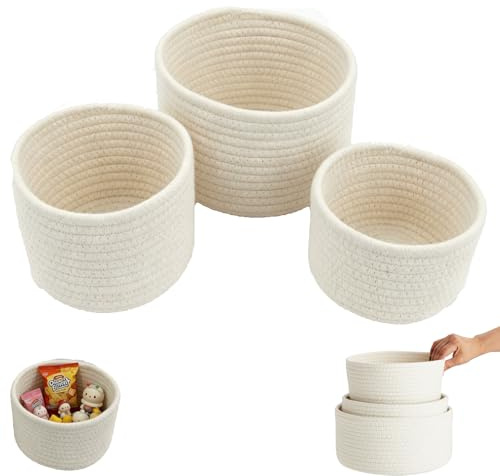 3 Piezas Cestas Almacenaje Algodón Tejido, Cestos Almacenaje Algodón Apilables, Cesta Organizadora Para Salones, Armarios, Juguetes y Baño