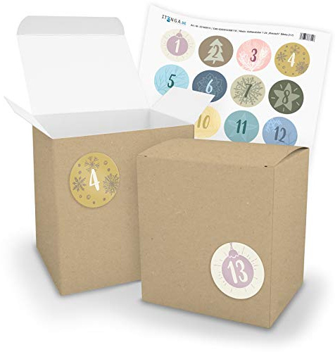 itenga Adventskalender zum Befüllen 24x extra große XL Würfel Schachteln mit Zahlenaufklebern (Würfel BRAUN (V19 Z17))