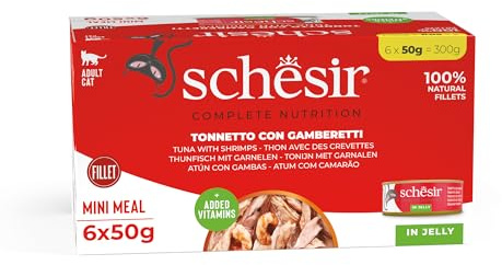 Schesir Cat Jelly Thunfisch mit Garnele, Katzenfutter nass in Gelee, 8 x 6 Dosen x 50 g
