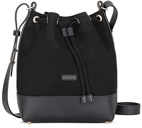 Expatrié Handtasche Damen Schwarz Lily Bucket Bag Umhängetasche Klein aus Baumwoll Canvas & veganem PU Leder - Shopping, Büro, Freizeit - Stylische Leder Crossbody Schultertasche