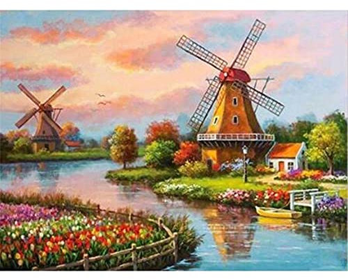 Quuzee 5D Diamant Painting Bilder Niederlande Windmühle 30x40cm Erwachsene DIY 5D Diamant Malerei Nach Zahlen Set Vollbohrer Kristall Strass Stickerei Kreuzstich Kunsthandwerk Wohnzimmer Wand Deko