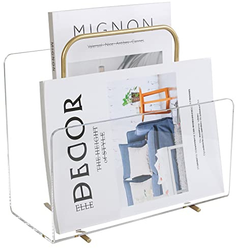 XOHYW Zeitschriftenhalter aus Acryl, kristallklarer Acryl-Zeitschriftenhalter, Schreibtisch-Organizer für Büro-Organisation, Aufbewahrung, Heimbüro-Dekoration, Empfang (transparent + goldfarben)