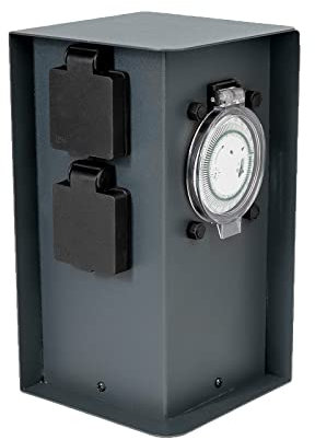 Grafner Edelstahl Design Gartensteckdose Zeitschaltuhr 2 Steckdosen anthrazit, ON/Auto, 3600 Watt, Pulverbeschichtung, Energiesäule Timer Mehrfach Metall Außen Steckdose 2-Fach schwarz lackiert