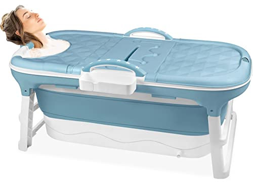 Froadp Baignoires Pliante Adultes Mobiles pour Bébés Bathtubs avec Couvercle & Tablette & Mains Courantes Baignoire sur pied Baignoire-Douche Portable Sauna pour Salle de Bain Extérieur (118x60x53cm)