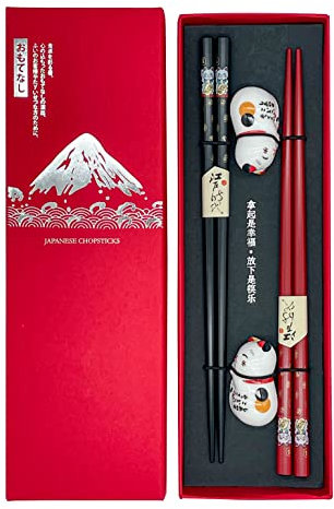 Set di bacchette per sushi gatto, 2 paia con base in ceramica Cat Premium in legno sostenibile, giapponese, cinese, coreano, taiwanese
