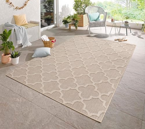 Carpetsale24 In & Outdoor Bouclé Teppich wetterfest Beige 140x200 cm Skandinavisches Design 3D Hoch Tief Effekt geeignet für Küche Wohnzimmer oder Terrasse
