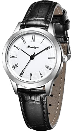 BOSHIYA Damen Uhren Lederarmband Analog Klassisch Quarz Wasserdicht Lässig Business Kleid Armbanduhr Leder für Damen (Schwarz & Braun)