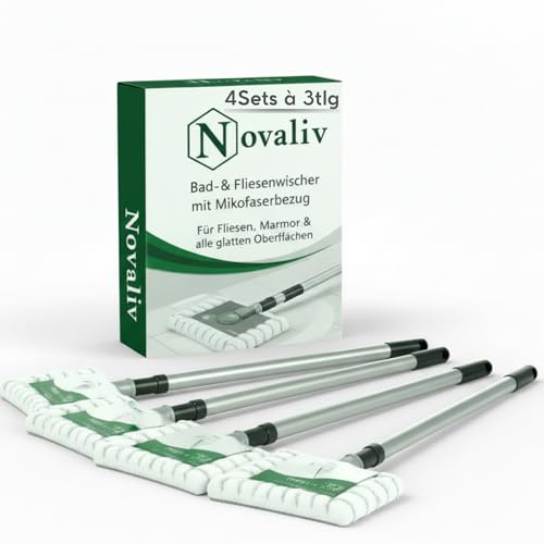 Novaliv 4X Fliesenreiniger Bad Wand mit Teleskopstiel inkl. Mikrofaser Bezug Fliesenwischer Badwischer Fliesenputzer Bad