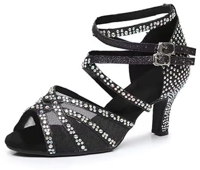 Rosefinch Scarpe da Ballo Latine con Strass per Salsa e Scarpe da Ballo per Donne/Ragazza, Suola Morbida Scarpe da Ballo Nero 5cm Tacco,37 EU