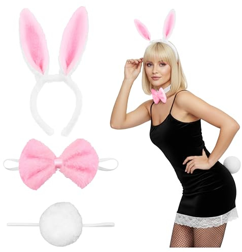 Balinco 3-delat kanindräktsset för kvinnor och flickor – plysch-kaninöron-hårband med fluga och svans för halloween, karneval, maskerad, cosplay & temafester, vit/rosa