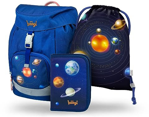 Baagl Schulranzen Jungen für 1. Klasse, Airy Schultasche Set 3-Teilig, Grundschule Schulrucksack für Kinder, Ranzen für Schule, Tornister (Planeten)