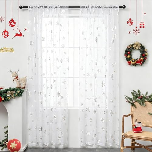 Karseteli Christmas Sheer Curtains for Living Room, Luxury Snowflake Silver Foil Print Sheer Curtains, Rod Pocket Window Drapes Decorations for Bedroom and Home Decor, 2 Panels White 52W x 84L