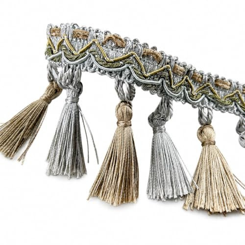 Yurosiay Quasten Spitzenband Fransenborte Spitzenbordüre Zierband Spitzenborte Spitzenbesatz Häkelspitze für DIY Kostüme Bekleidung Vorhang Kleidung Tischdecke Hochzeit 7,5 cm Breit Grau 3M | Dekorative Bordüre mit kleinen zweifarbigen Quasten – ideal für Vorhänge, Tischdecken, Sofabezüge, Kissen und Möbeldeko