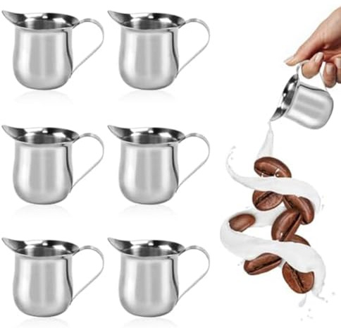 Juwacoo 6 Stück Mini Milchkännchen Edelstahl, 90 ML/ 3oz Klein Milchkanne, Milchaufschäumer Kännchen Espresso Kännchen Sahnekännchen, Milchaufschäumkännchen, Milchgiesser mit für Milchkaffee