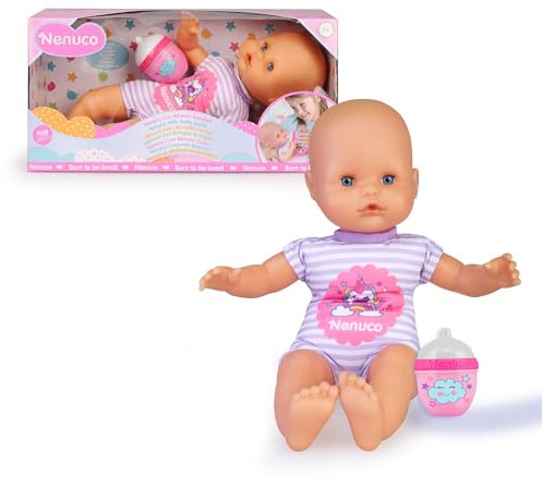 Nenuco -con biberon, bambola morbida con biberon sonaglio e con un pigiama a righe con stampa di unicorni, per bambine/I dai 12 mesi, (Famosa NFN87000)