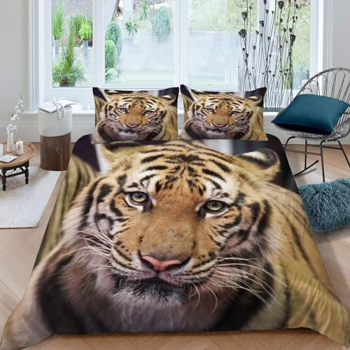 MAQUE Wilde Tiere BettwäSche 135x200 Tiger 3D-gemustertes Mikrofaser Bettwäsche-Sets, Weich Bettbezug mit Reißverschluss und 2 Kissenbezüge 80 x 80cm