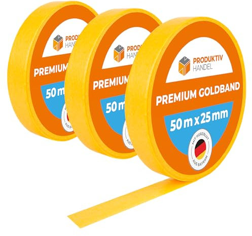 Produktiv Handel Premium Goldband 3 Rollen a 50m x 25mm | Abklebeband für Malerarbeiten | Malerkrepp UV beständig | Malerband für scharfe Farbkanten & perfekte Ergebnisse
