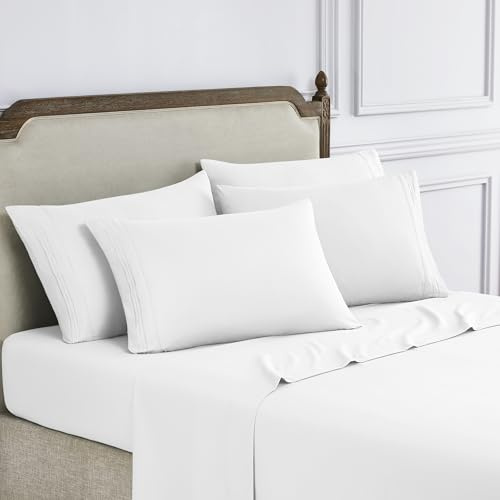 Modern Threads 6-Piece Bed Sheet Set - Deep Pocket, Soft Brushed Microfiber Sheets, Cool & Breathable for Mattress Up to 21 Inches, Includes 4 Pillowcases, Flat & Fitted Sheets, White King