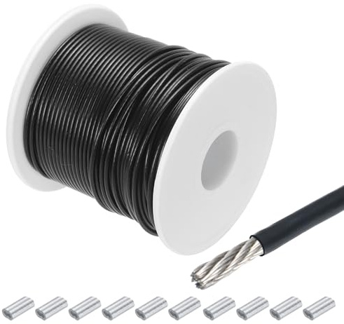sourcing map Câble métallique de 50 m en acier inoxydable 304 de 1,5 mm avec revêtement en vinyle gainé avec 10 manchons en aluminium pour accrocher, corde à linge, levage - Noir