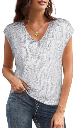 GRACE KARIN Top da Donna con Paillettes Luccicanti Maniche Corte ad Aletta con Scollo a V Tunica per Feste di Natale, Argento, XL