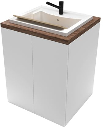 Mobile lavatoio 71x65 cm bianco e legno con vasca in resina e ripiano interno, in kit di montaggio con sifone e piletta di scarico incluso, WANDA