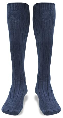 Scottish Highland Kilt Hose for Men, Ribbed Socks for USA Shoe Sizes, Wool Blend, Navy Blue, X-Large