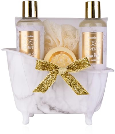 Accentra 4-teiliges Cosy Moments Bade- und Duschset mit dekorativer Mini-Badewanne für Frauen, Pflegeset in Gold mit Duschgel, Schaumbad, Badebombe und Netzschwamm, zum Muttertag und Geburtstag