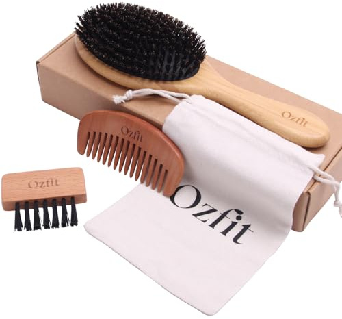 OZFIT Cepillo de pelo 100% de cerdas de jabalí, cepillo de pelo de bambú natural para hombres y mujeres, promueve el crecimiento del cabello, incluye bolsa de viaje y limpiador