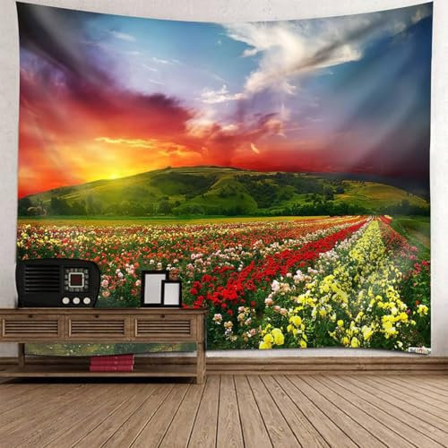Mesnt Wandteppich Natur Groß, 240x220cm Blumenfeld Wandteppiche Wandkunst für Schlafzimmer Wohnzimmer | Bunt