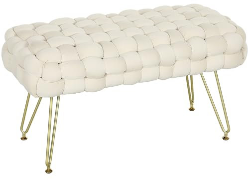 HOMCOM Samt Sitzhocker, Polsterbank mit Kreuzwebdesign, Fußbank mit gepolstertem Sitz, Metallbeine, Fußstütze, für Wohnzimmer, Schlafzimmer, 76 x 38 x 41,5 cm, Cremeweiß