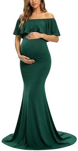 Glampunch Schulterfreies Umstandskleid für Damen, mit Rüschen, elegant, Kleid mit schmaler Passform, Maxi-Kleid für Fotoshootings