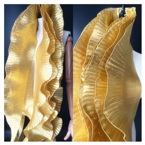 AMateschitz Plissiert - Tessuto in pizzo lucido, in organza, plissettato, con volant, bordo in pizzo con volant, per fai da te, artigianato, cucito, abito da sposa, oro 5 metri