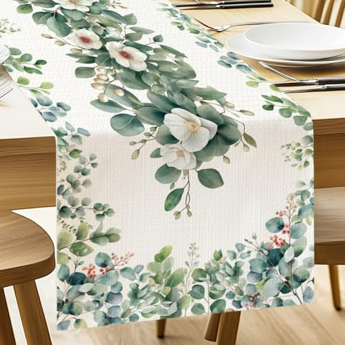 ANATTASOUL Foglie E Fiori Di Eucalipto Runner Tavola Moderno, Estate Runner Colorato, Primaverile Cucina Tavolo Decorazione, Lavabile in Lavatrice, 33 x 183 cm