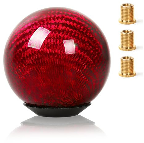 Real Carbon Fiber Shift Knob Gear Shifter Knobs with 3 Adapters Round Ball for Most Manual Car Universal Gear Shift Knob (Red)