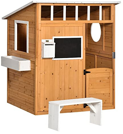 Outsunny Casita de jardín Infantil de Madera Puerta y Ventanas, Banco, buzón, Cuadro, de 3 a 8 años Dim. 122L x 108W x 135,5H cm Madera Natural