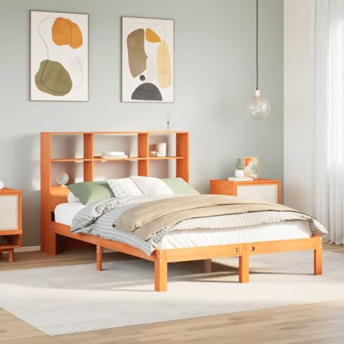 MOBCANT Massivholzbett mit Regal ohne Matratze, Familienbett Bett Bettsystem Futonbett Geeignet für Hotel Wohnungen Schulen Gästezimmer Wachsbraun 140x200 cm