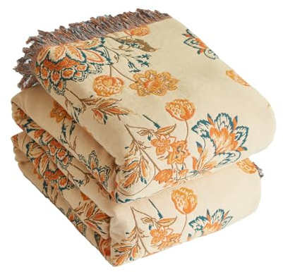 Bailix Premium Boho överkast 100% bomullsfilt med fransar Dubbelsidig mousseline Boho-filt 200 x 230 cm, mysig sofffilt & sängöverkast
