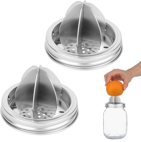 2pcs Stainless Steel Juicer Lid for 3.38 Inch Wide Mouth Mason Jar, Upgraded Canning Jar Lid, Manual Hand Juicer Squeezer Top, Citrus Reamer Lid for Lemon Orange Lime Kitchen Gadget Accessories