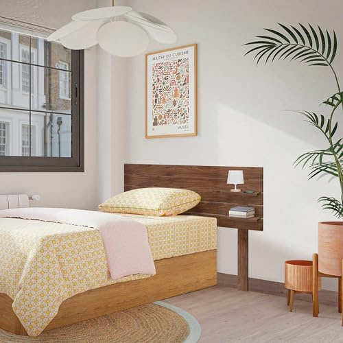 DHOME Cabecero de Madera Reciclada DM con Estantes Y Patas Estilo Palet Mesita de Noche Baldas Horizontal Cama Nordico Herrajes incluidos (Nogal Madera, Cama 90cm)