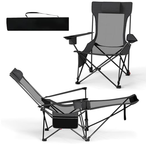 COSTWAY Sedia da Campeggio con Poggiapiedi Rimovibile, Poltrona Pieghevole con Schinale Reclinabile, Braccioli e Portabicchieri, Portata 150 kg, Sdraio in Testtuto Oxford per Giardino Spiaggia(Grigio)