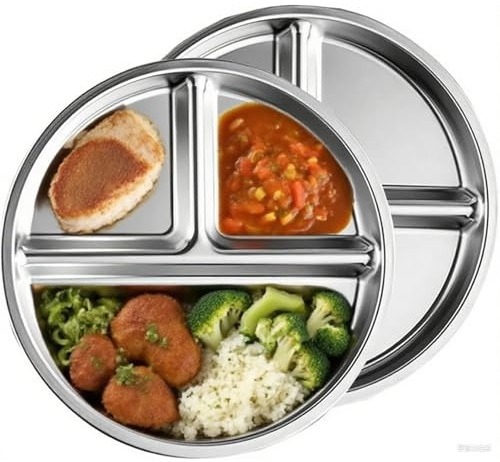 PcvGef 2 Stück Edelstahl Teller,23 cm Durchmesser Teller Baby, Kinder, Campingteller, Camping Geschirr Edelstahl, Portionskontrollteller mit 3 Fächern,Ideal für Portionskontroll