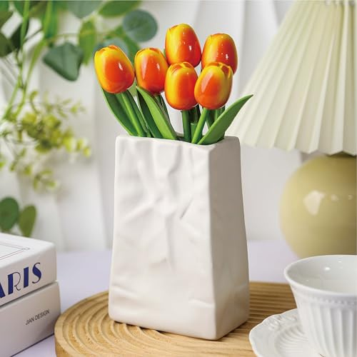 Golibra 6PCS Wooden Tulip Flowers, 7.5 Orange Faux Tulips Bouquet, Handcrafted Wooden Flowers for Home & Office Table Decoration, Rustic Farmhouse Party Centerpieces