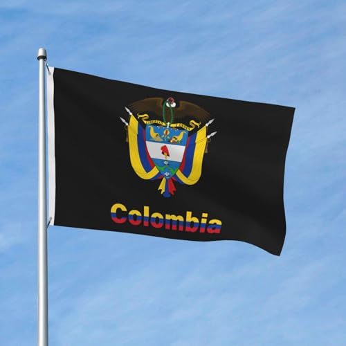 Bandera colombiana con el emblema nacional de Colombia, de poliéster, de 90 x 150 cm, de doble cara, ideal para jardín, exteriores, hogar, patio, decoración de festivales.