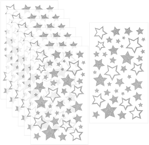 WJIAAA 6 Blatt Sterne Aufkleber,Glitzer Stern 252 Stück Aufkleber Selbstklebend, Basteln DIY Weihnachten Deko Weihnachtskarten Geschenk Bastelarbeiten(Silber)