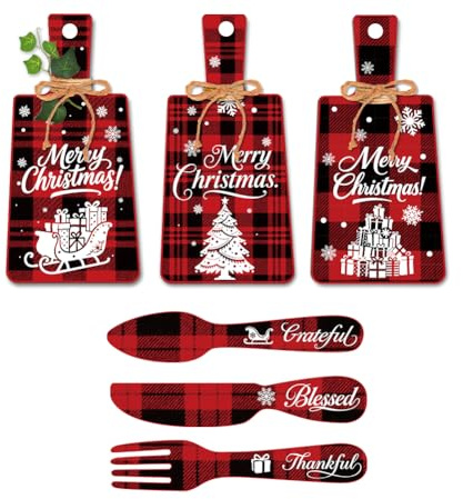 PH PandaHall 6pz Tagliere Decorativo da Parete Natalizie Set di Cartelli per Mangiare, Decorazione da Parete con Forchetta e Cucchiaio in Legno per Cucina Sala da Pranzo Casa, Rosso Quadri