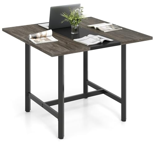 COSTWAY 100CM Square Computer Desk, Wooden Conference Room Table Writing Workstation with Thickened Tabletop and Heavy-duty Metal Frame, Home Office Study Desk PC Laptop Table (Grey)