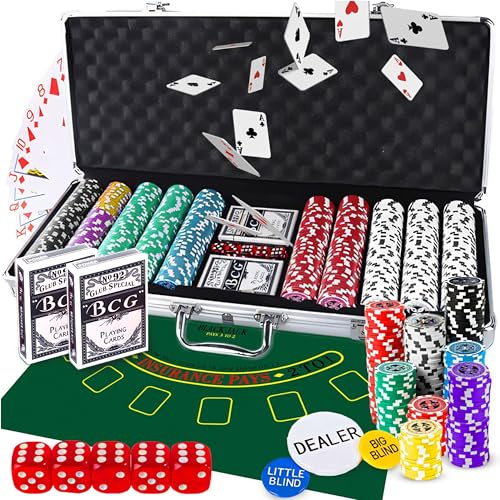 Retoo Set da Poker, set di 500 chips in valigia in alluminio, set da poker completo con 2 mazzi di carte da gioco, 5 dadi, 3 pulsanti Dealer, perfetto per Texas Hold'em, blackjack e serate da casinò